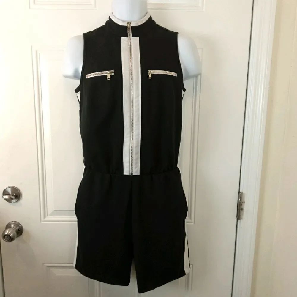 Metrostyle black and white zippered front romper